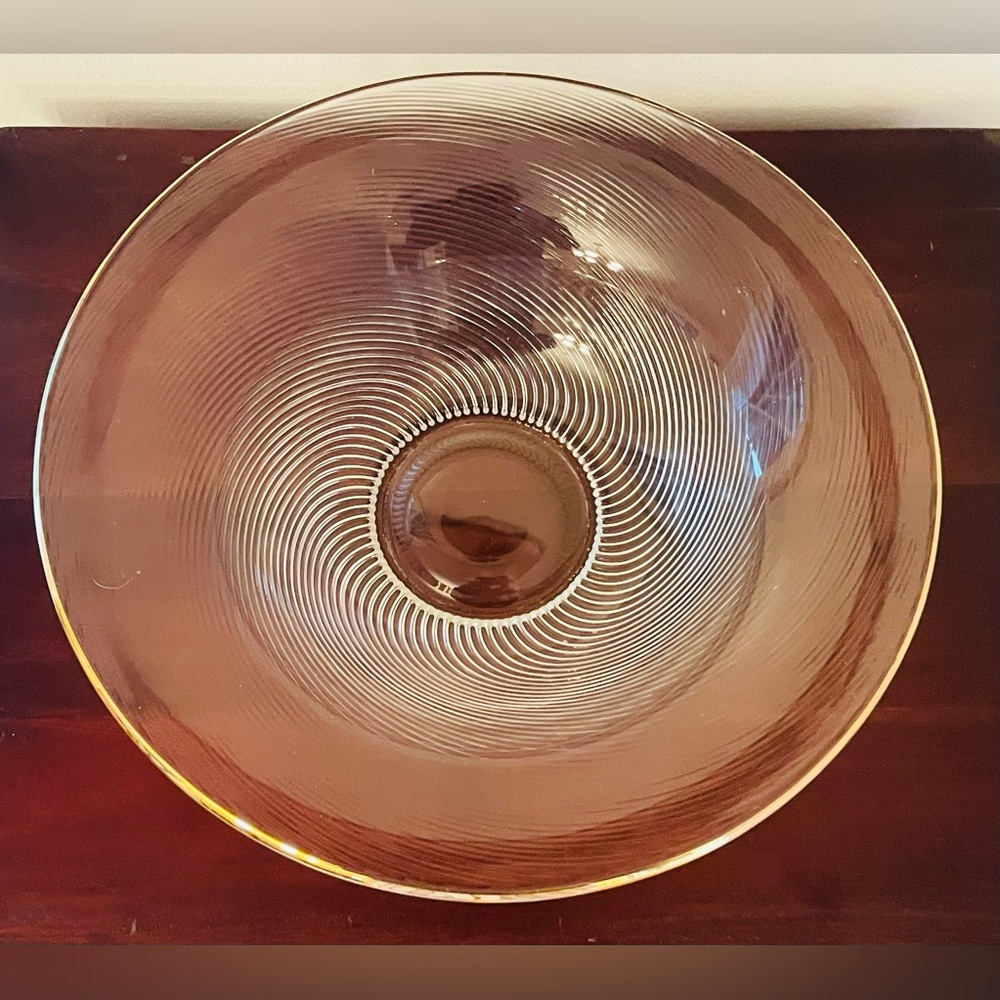 Vintage Murano-Style Spiral Optic Glass Centerpiece Gold Rimmed Bowl, 12 Inches - Picture 2 of 7